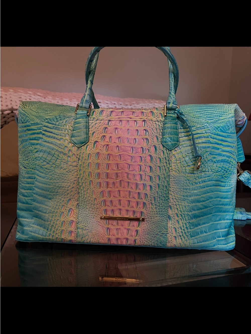 Brahmin cotton candy Turquoise and Pink Ombre Croc-Embossed Travel Tote